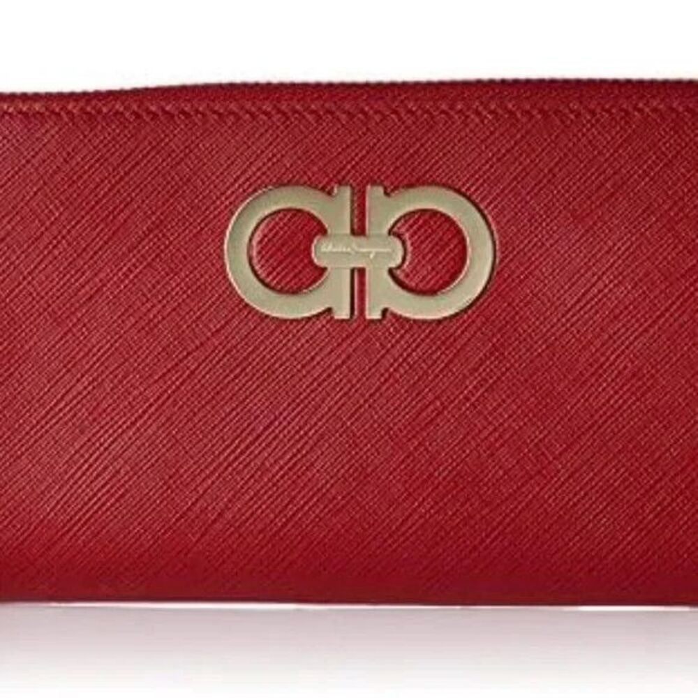 Salvatore Ferragamo Zip Around Red Leather Wallet Gold Gancini  $575 Preowned - Picture 2 of 6
